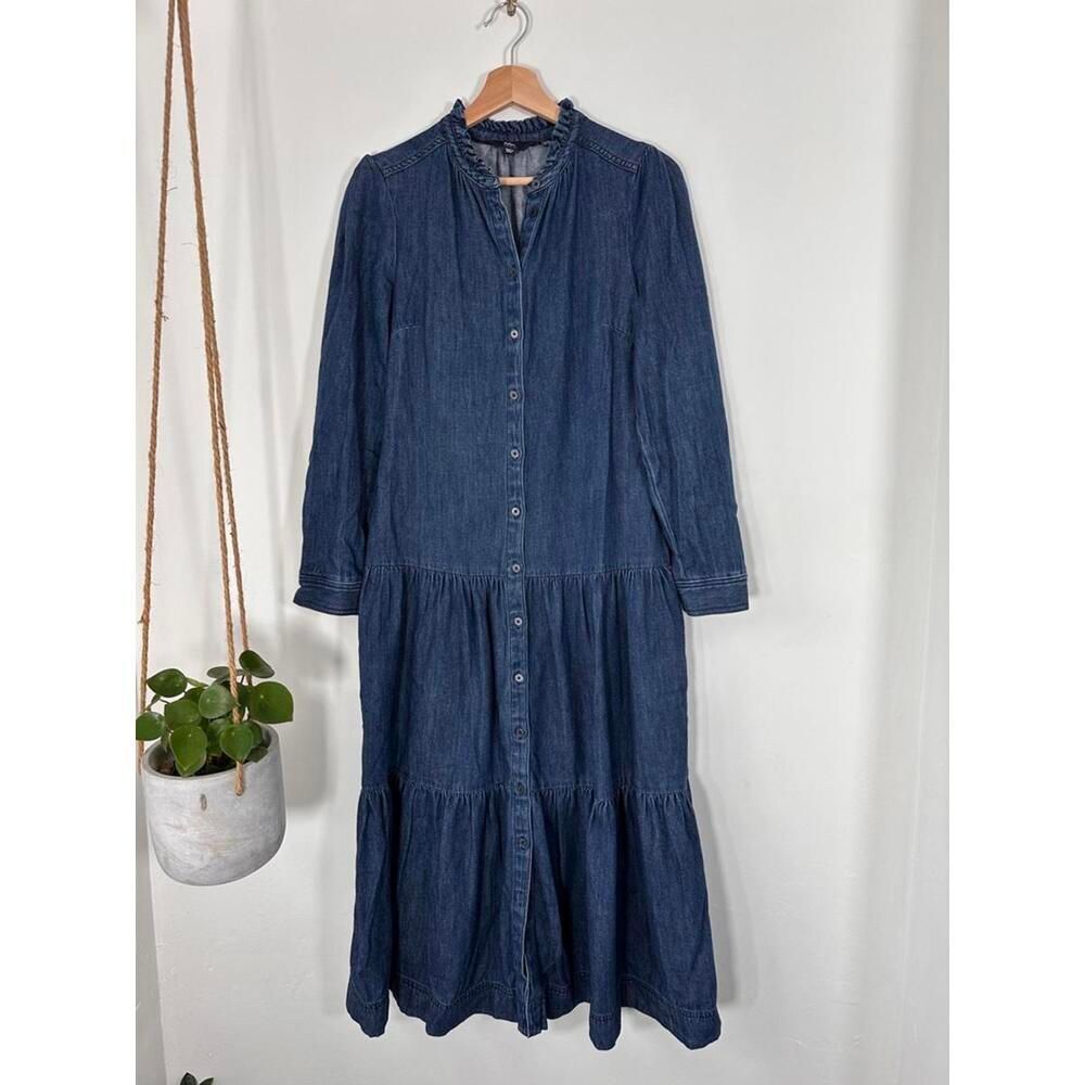 Boden Blue Denim Midi Dress US 6R Ruffle Collar Tiered Button Front - Picture 2 of 8